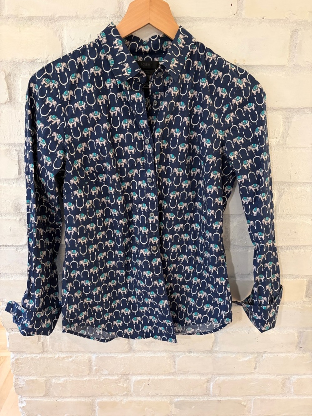 J. Crew Perfect Fit Navy Button-Up Shirt with Teal and White Elephant Print
(B2)